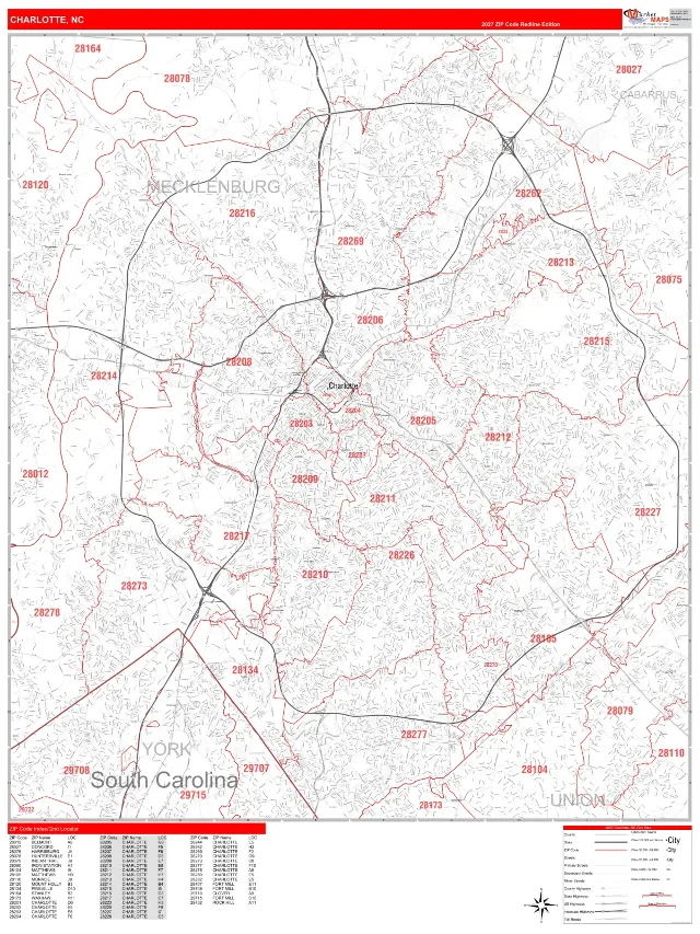 Charlotte, NC ZIP Code Wall Map, RedLine style