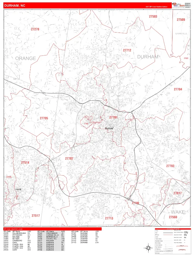 Durham, NC ZIP Code Wall Map, RedLine style