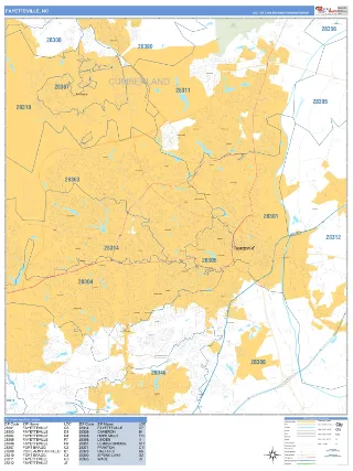 Fayetteville, NC Business Reference style ZIP Code wall map