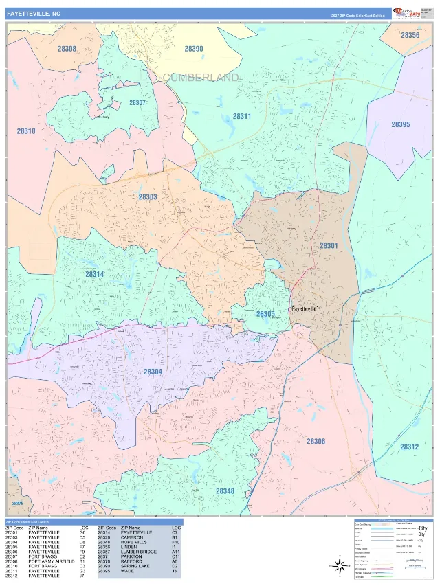 Fayetteville, NC ZIP Code Wall Map, ColorCast style