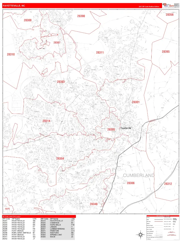 Fayetteville, NC ZIP Code Wall Map, RedLine style