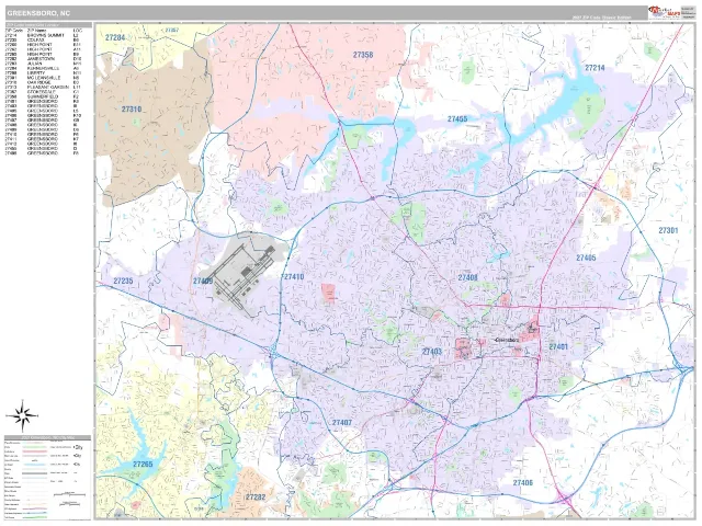 Greensboro, NC ZIP Code Wall Map, Classic style