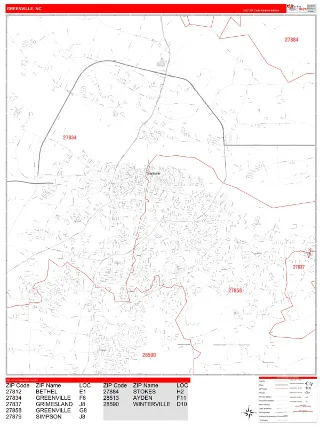 Greenville, NC RedLine style ZIP Code wall map