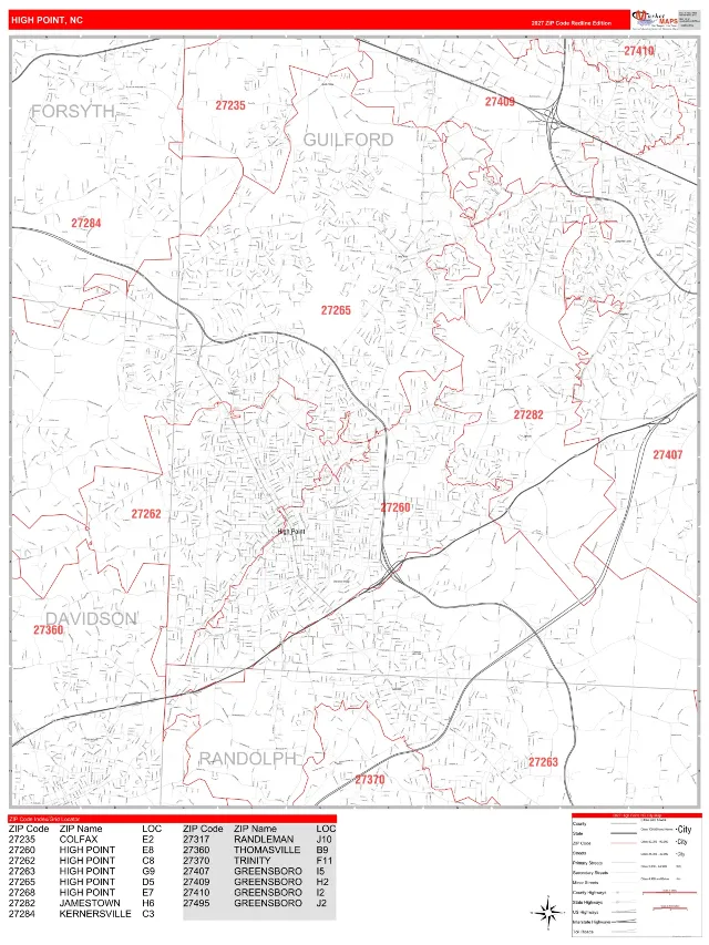 High Point, NC ZIP Code Wall Map, RedLine style