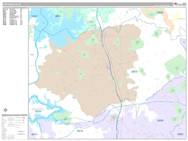 Huntersville, NC ZIP Code Wall Map, Classic style