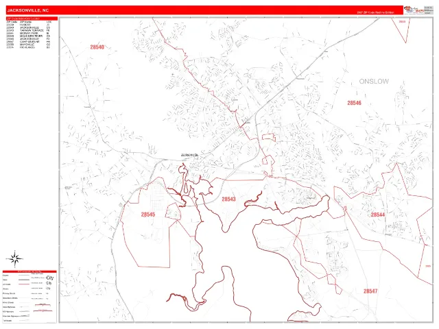 Jacksonville, NC ZIP Code Wall Map, RedLine style