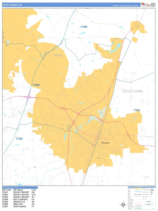 Rocky Mount, NC ZIP Code Wall Map, Business Reference style