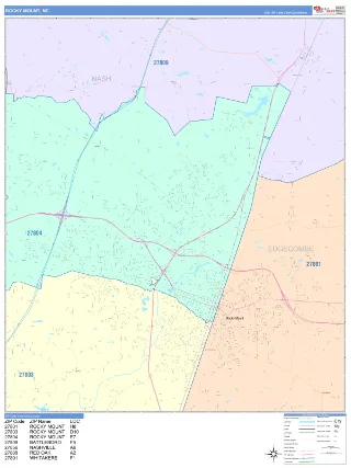 Rocky Mount, NC ColorCast style ZIP Code wall map