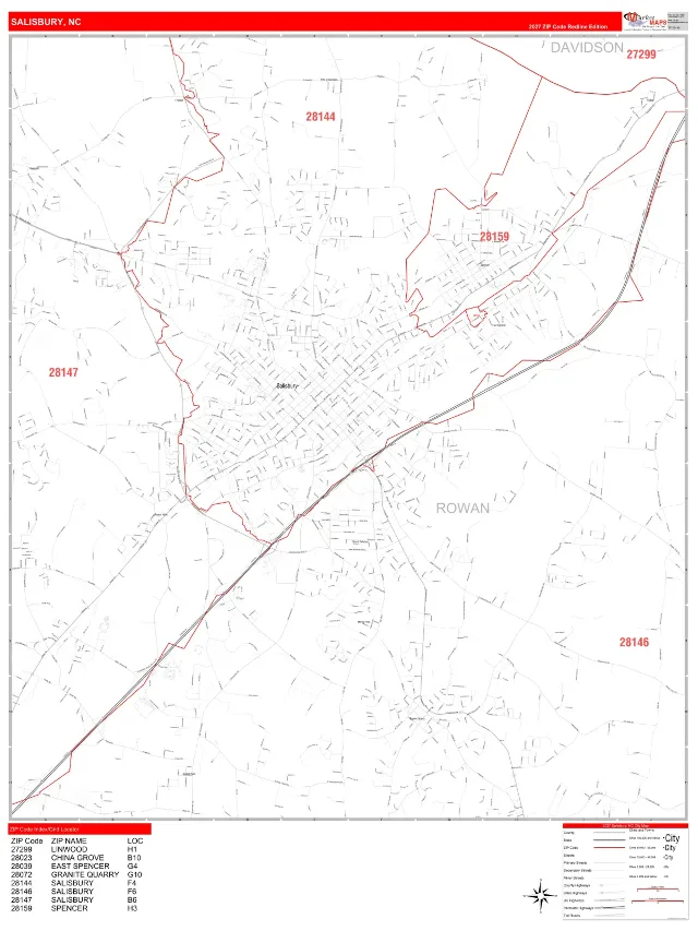 Salisbury, NC ZIP Code Wall Map, RedLine style