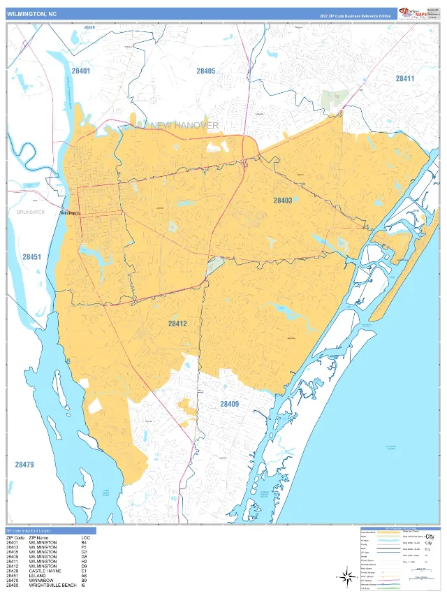 Wilmington, NC ZIP Code Wall Map, Business Reference style