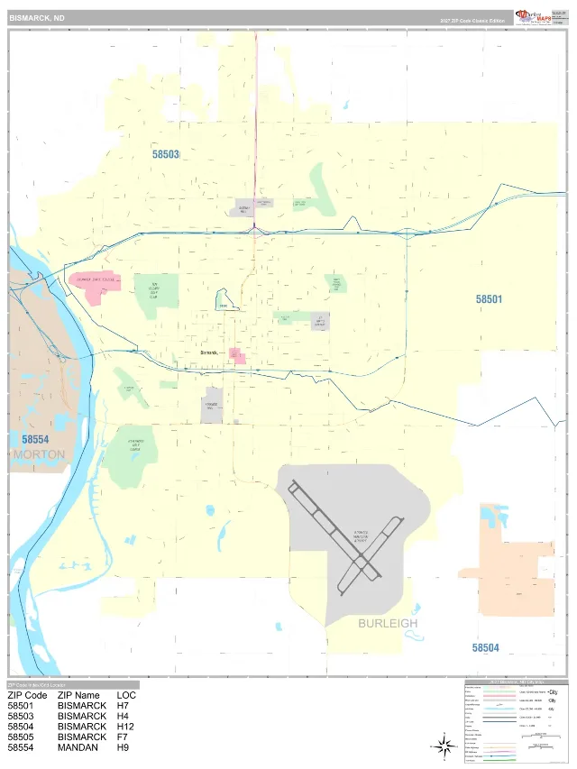 Bismarck, ND ZIP Code Wall Map, Classic style