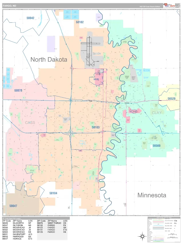 Fargo, ND ZIP Code Wall Map, Classic style