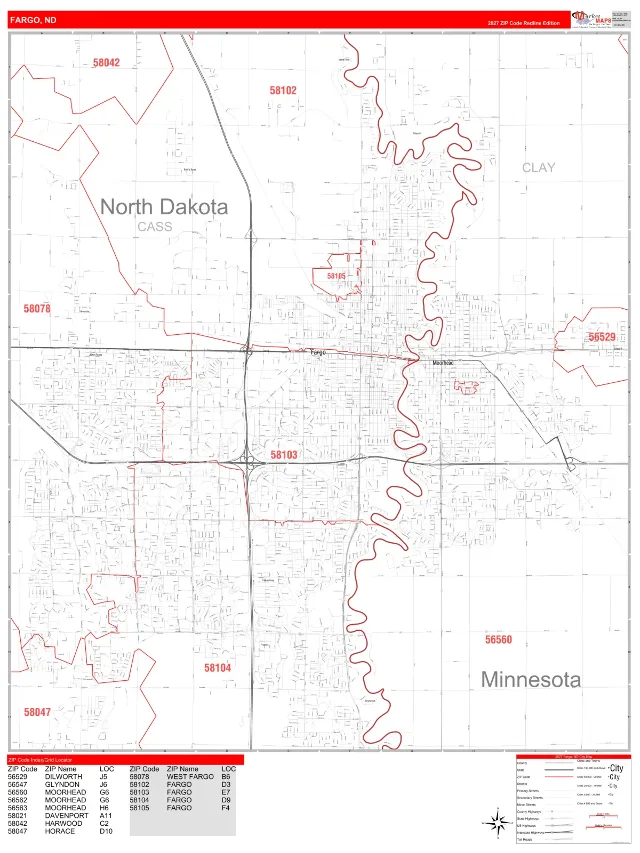 Fargo, ND ZIP Code Wall Map, RedLine style