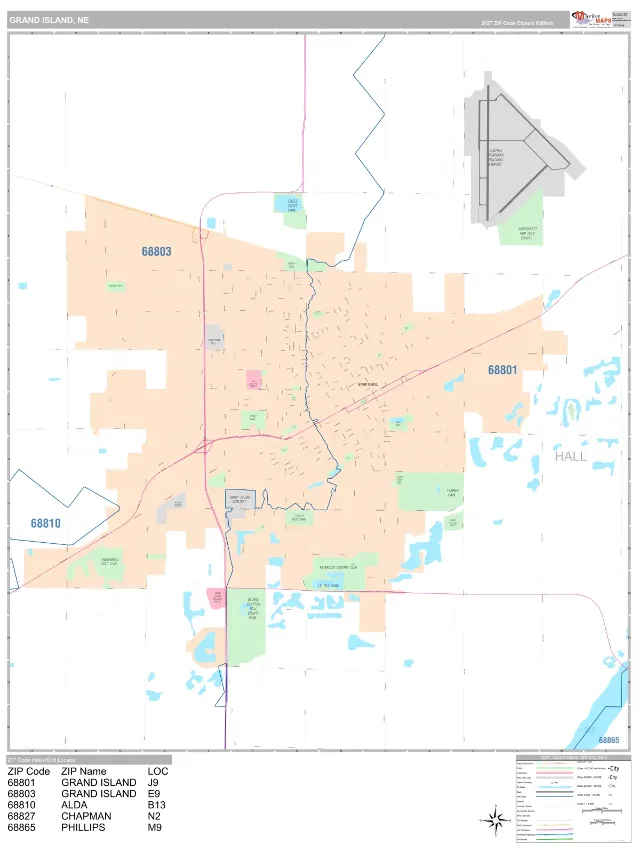 Grand Island, NE ZIP Code Wall Map, Classic style