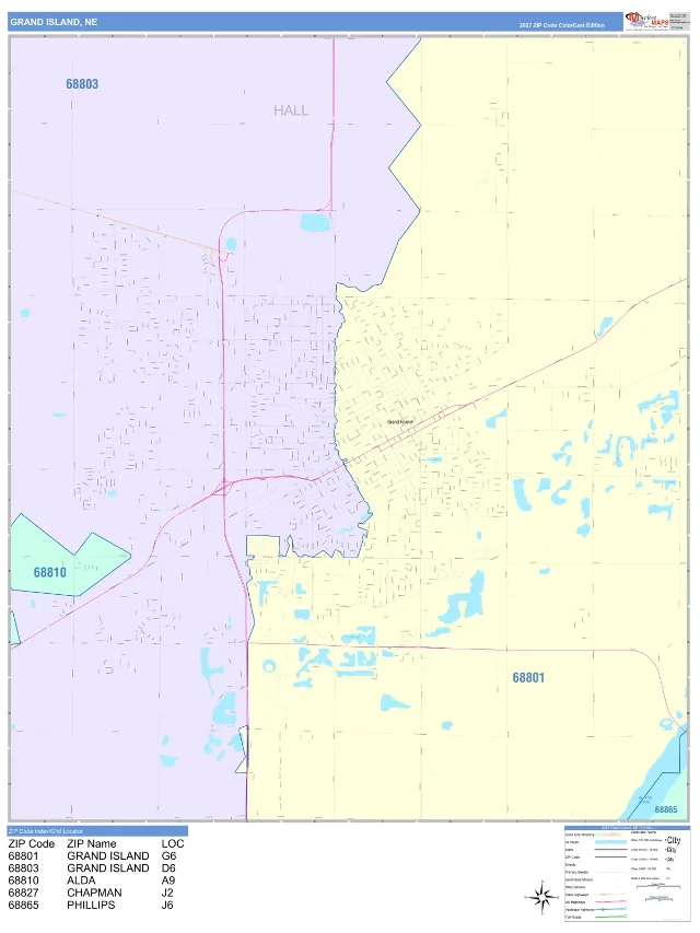Grand Island, NE ZIP Code Wall Map, ColorCast style