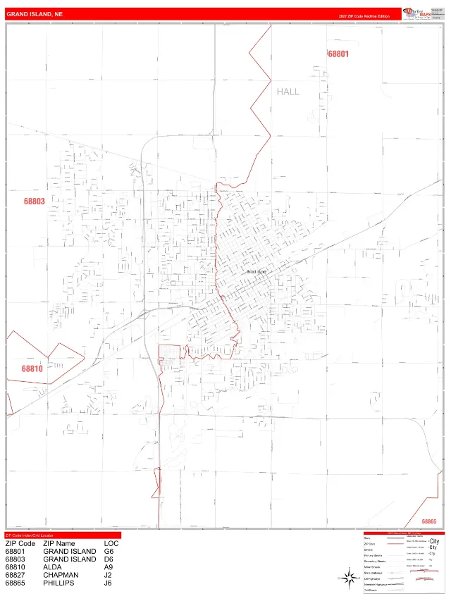 Grand Island, NE ZIP Code Wall Map, RedLine style