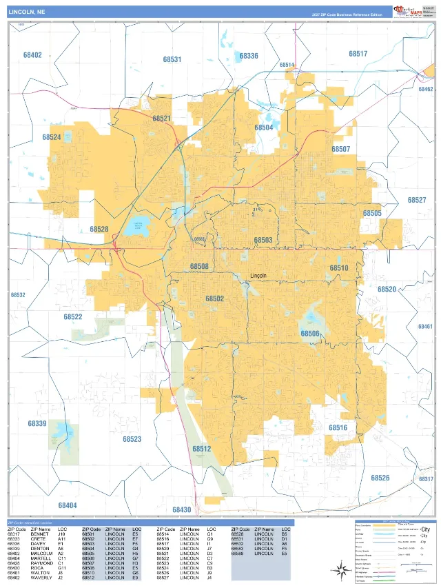 Lincoln, NE ZIP Code Wall Map, Business Reference style
