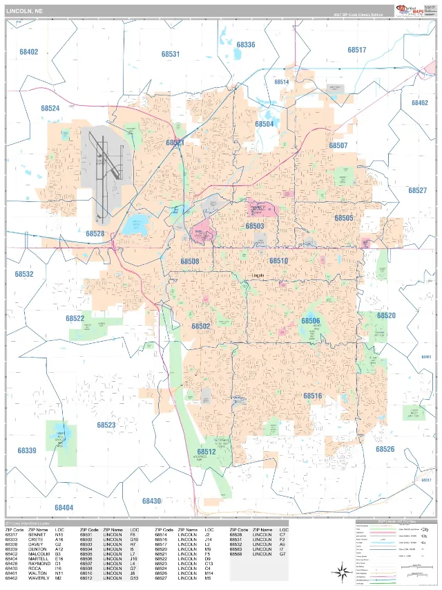 Lincoln, NE ZIP Code Wall Map, Classic style