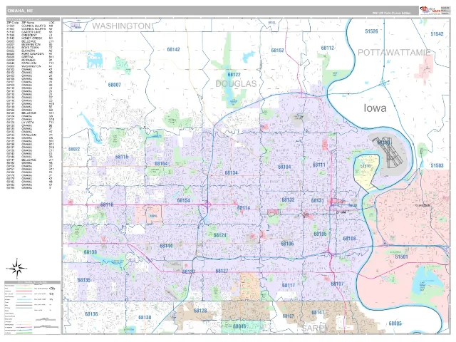 Omaha, NE ZIP Code Wall Map, Classic style