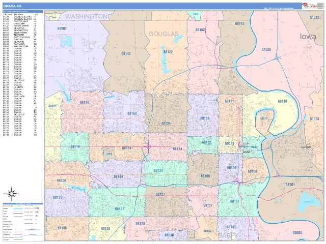 Omaha, NE ZIP Code Wall Map, ColorCast style