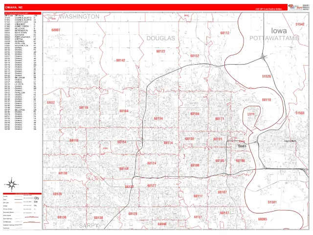 Omaha, NE ZIP Code Wall Map, RedLine style