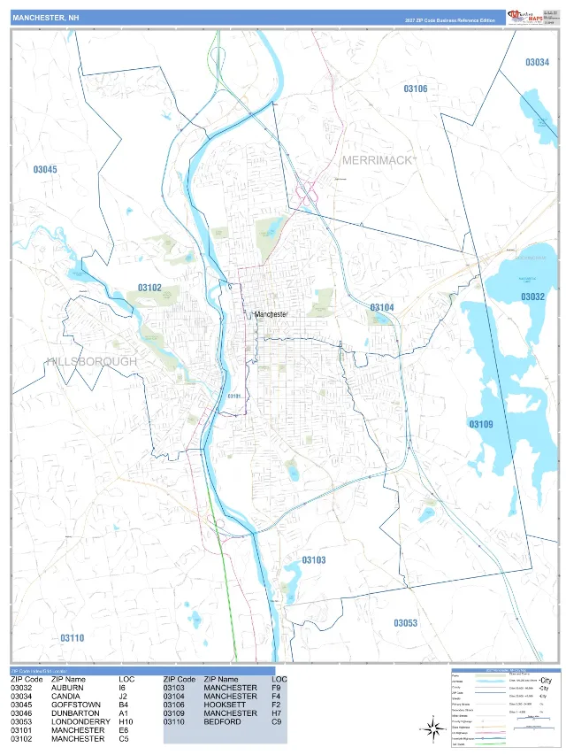Manchester, NH ZIP Code Wall Map, Business Reference style
