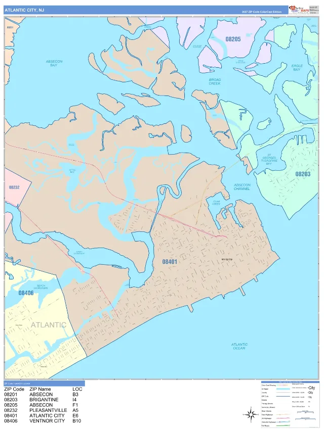 Atlantic City, NJ ZIP Code Wall Map, ColorCast style