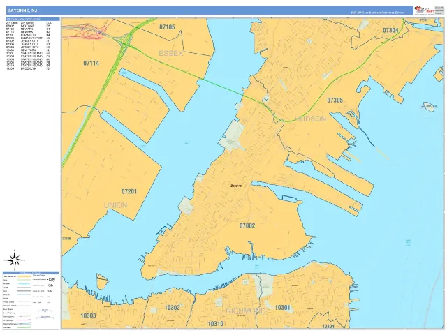 Bayonne, NJ ZIP Code Wall Map, Business Reference style