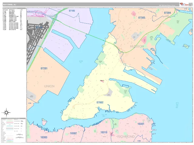 Bayonne, NJ ZIP Code Wall Map, Classic style