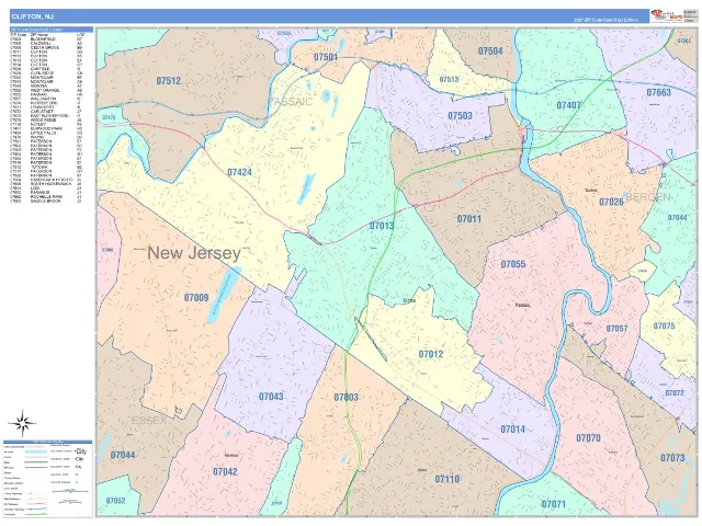 Clifton, NJ ZIP Code Wall Map, ColorCast style