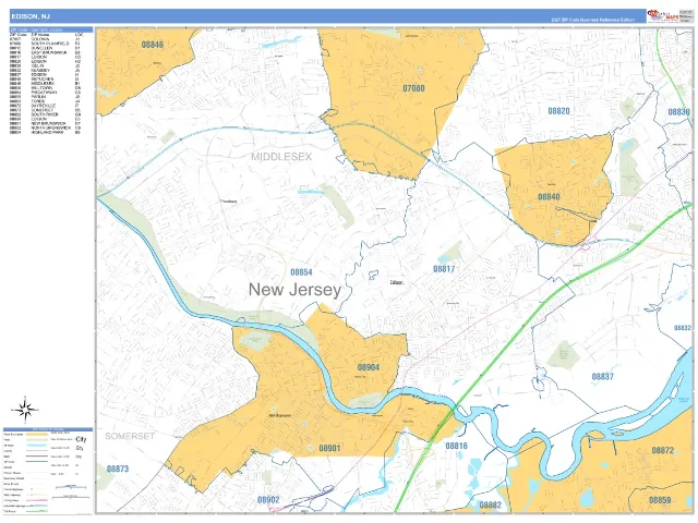 Edison, NJ ZIP Code Wall Map, Business Reference style