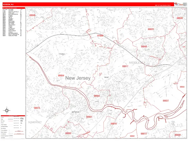 Edison, NJ ZIP Code Wall Map, RedLine style