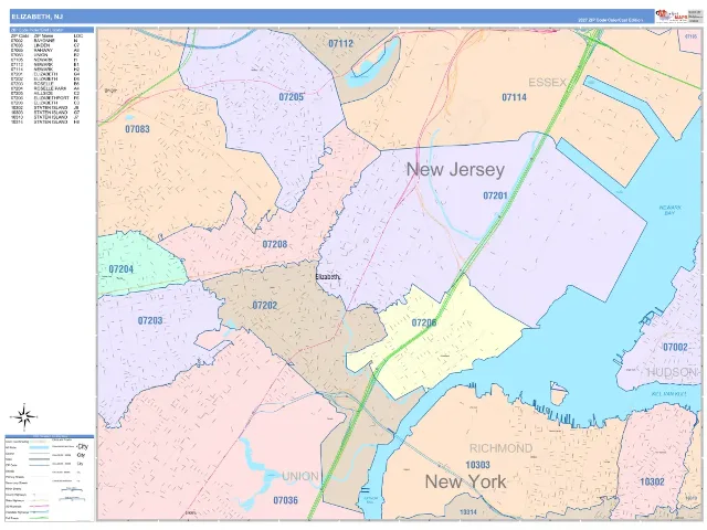 Elizabeth, NJ ZIP Code Wall Map, ColorCast style