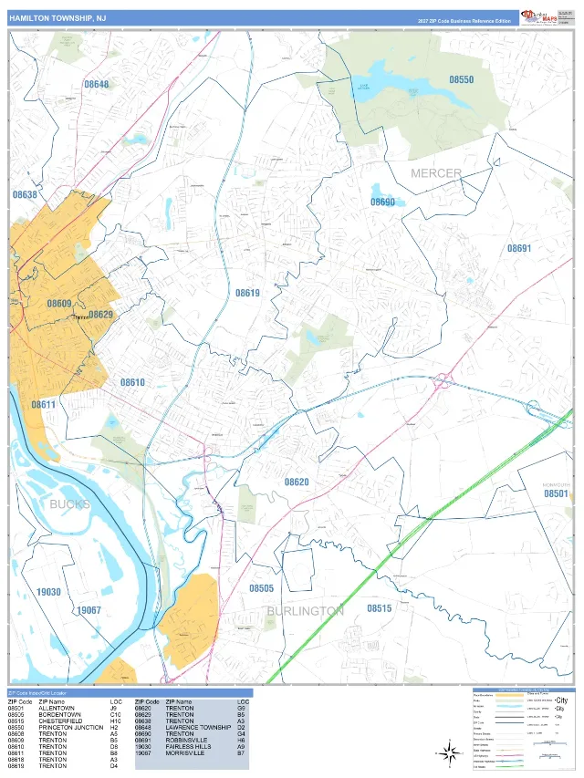 Hamilton, NJ ZIP Code Wall Map, Business Reference style