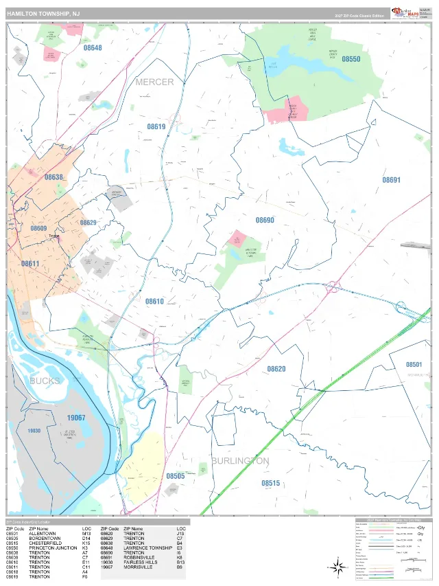 Hamilton, NJ ZIP Code Wall Map, Classic style