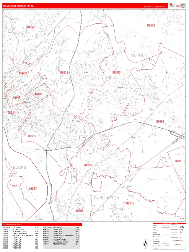 Hamilton, NJ ZIP Code Wall Map, RedLine style