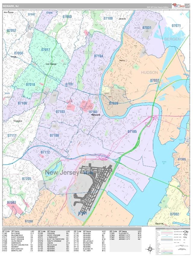 Newark, NJ ZIP Code Wall Map, Classic style