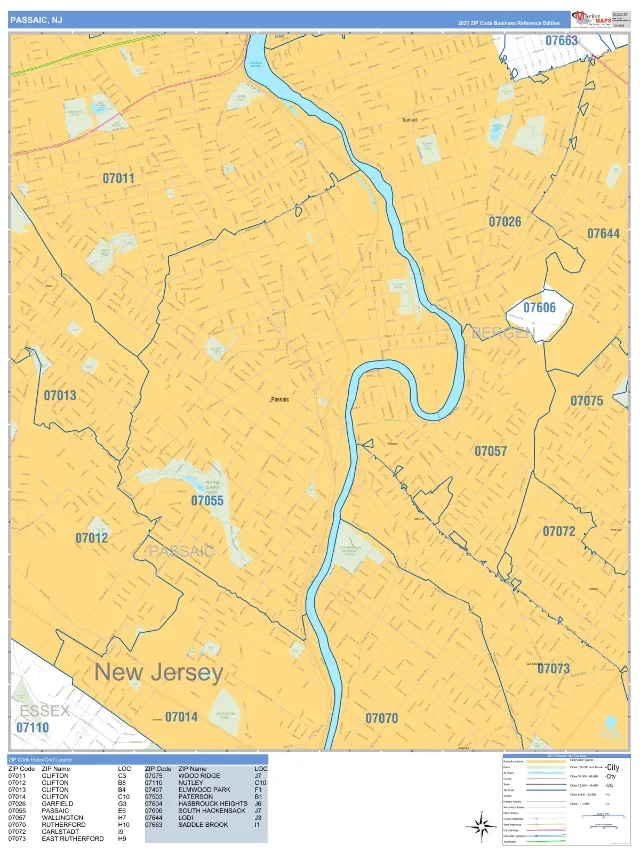 Passaic, NJ ZIP Code Wall Map, Business Reference style