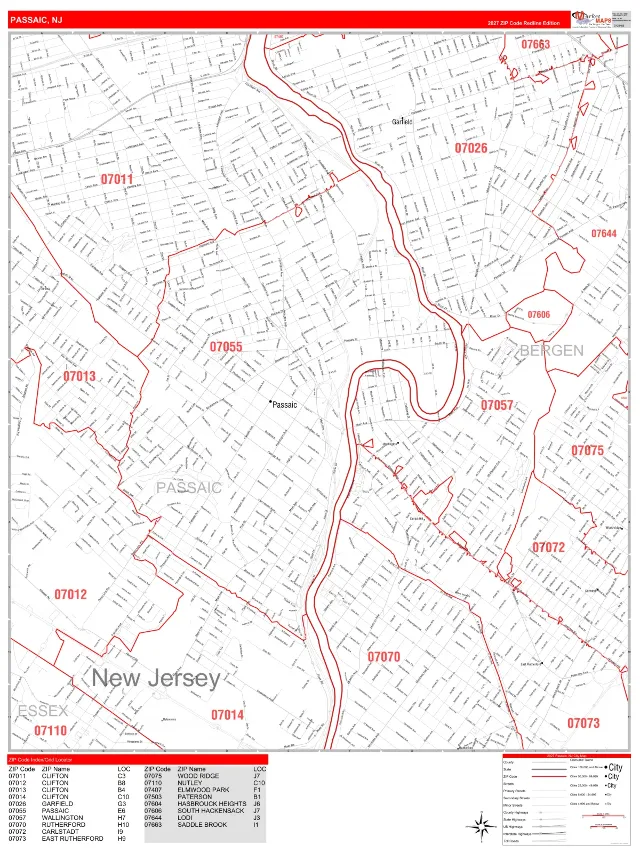 Passaic, NJ ZIP Code Wall Map, RedLine style