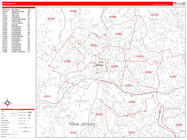 Paterson, NJ ZIP Code Wall Map, RedLine style