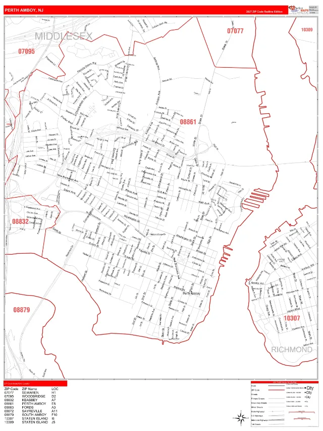 Perth Amboy, NJ ZIP Code Wall Map, RedLine style