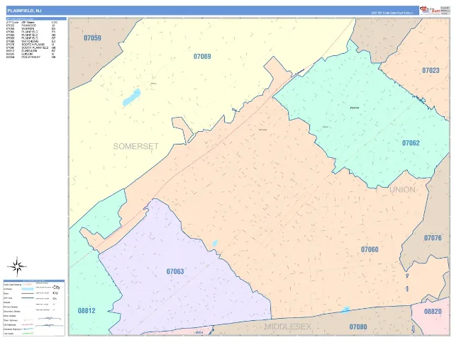 Plainfield, NJ ZIP Code Wall Map, ColorCast style