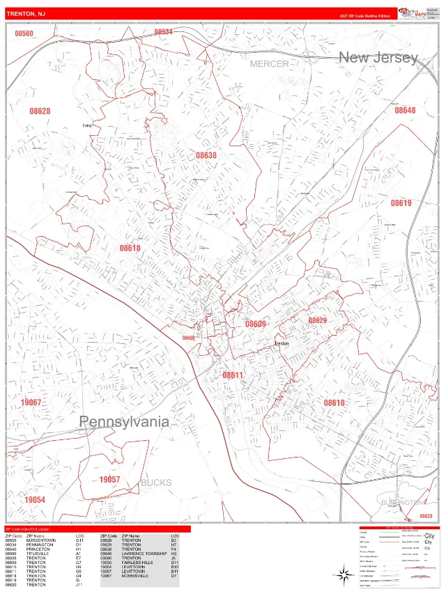 Trenton, NJ ZIP Code Wall Map, RedLine style