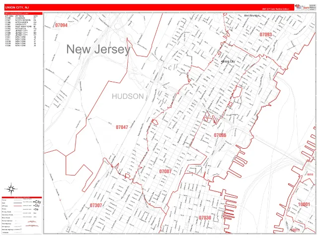 Union City, NJ ZIP Code Wall Map, RedLine style