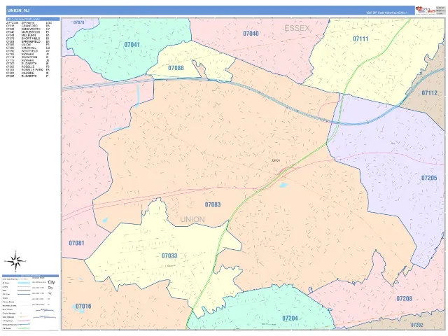 Union, NJ ZIP Code Wall Map, ColorCast style