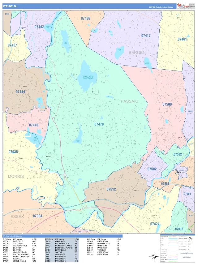 Wayne, NJ ZIP Code Wall Map, ColorCast style