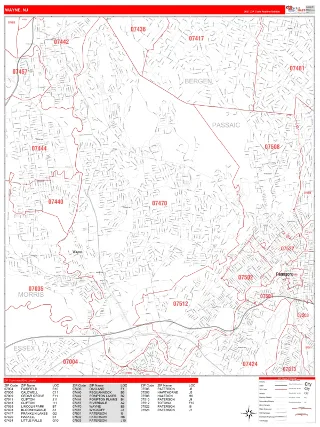 Wayne, NJ RedLine style ZIP Code wall map