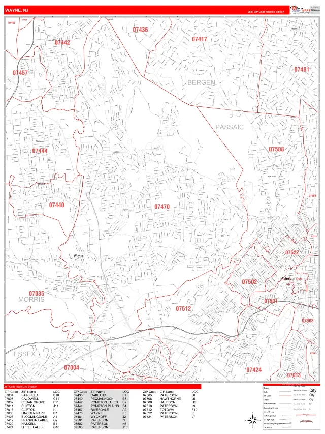 Wayne, NJ ZIP Code Wall Map, RedLine style