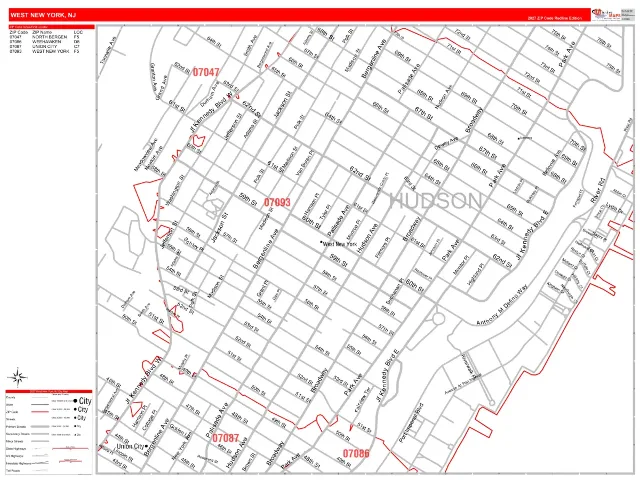West New York, NJ ZIP Code Wall Map, RedLine style