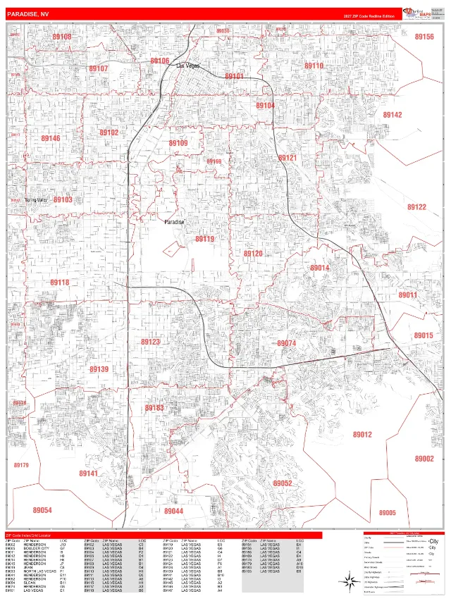 Paradise, NV ZIP Code Wall Map, RedLine style